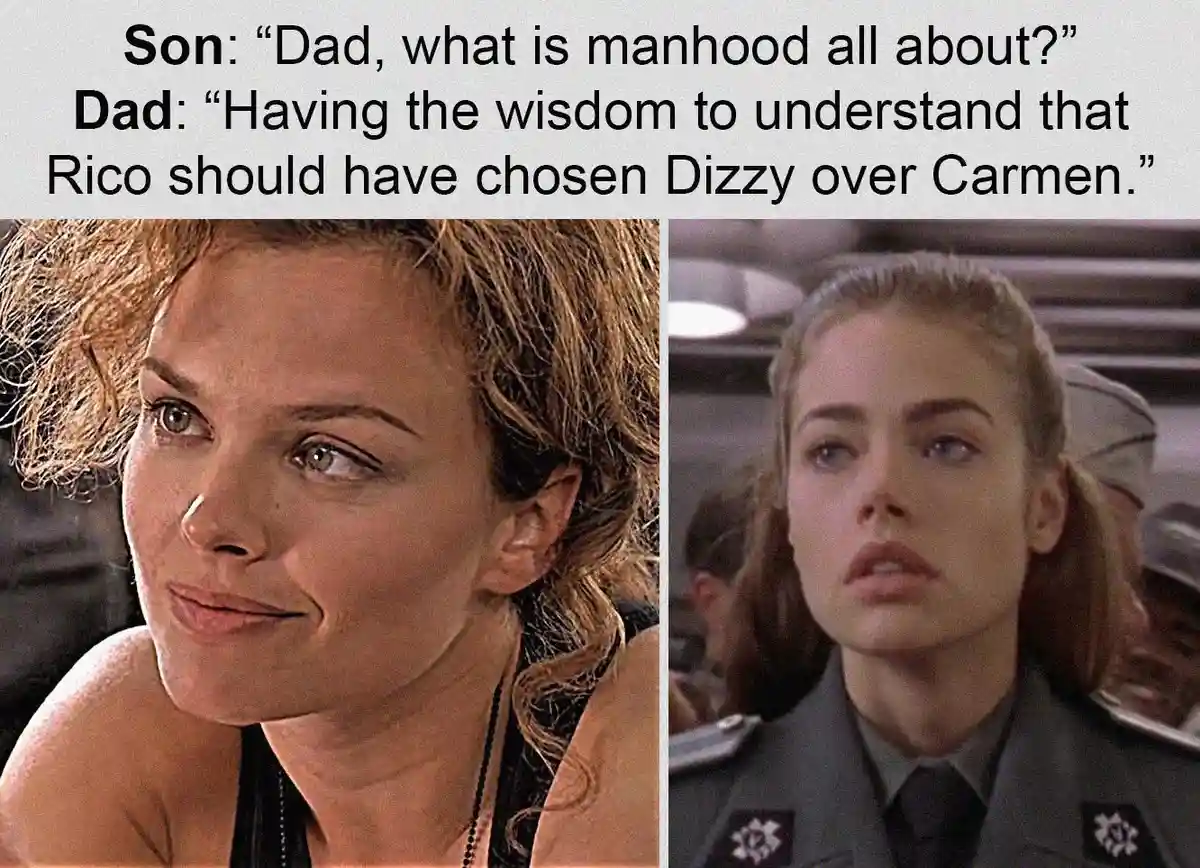 The image is split into two panels showing women from the movie 'Top Gun'. The left panel features a woman with curly hair…