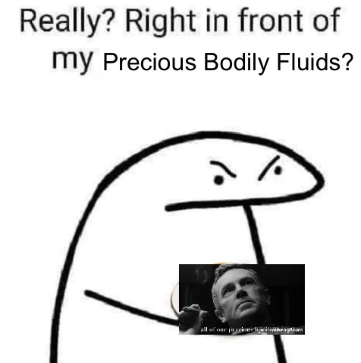 A simple black-and-white stick figure with an angry, skeptical expression is shown. Superimposed on its torso is a small…