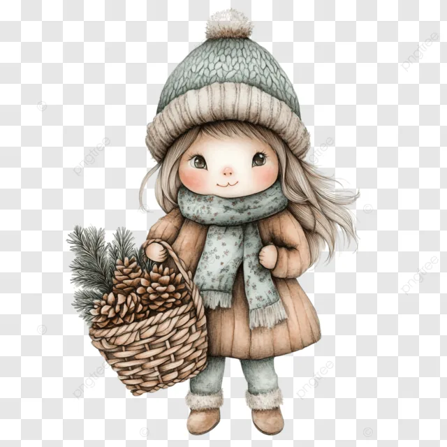 A cute, illustrated girl with blonde hair wears a green knit hat with a pom-pom, a patterned scarf, and a brown coat. She…