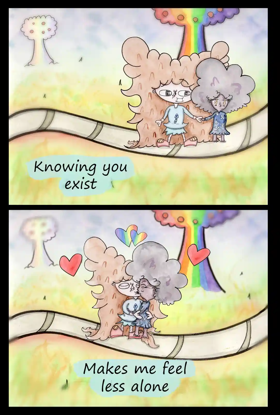 Two cartoon characters with fluffy hair, one brown and one gray, walk hand-in-hand on a path in a whimsical landscape with…