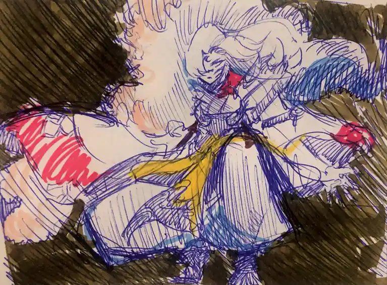 A rough, hand-drawn anime-style illustration shows a character with white hair and red eyes in a dynamic, possibly…