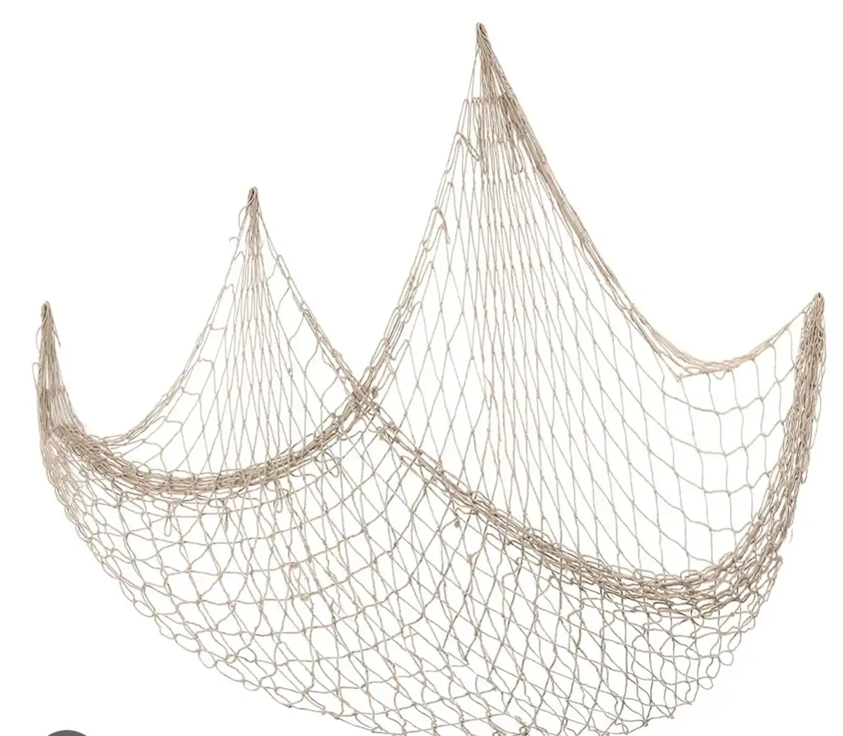 A beige fishing net is draped in a curved, crown-like shape against a plain white background. Overlaid text reads 'i'm not…