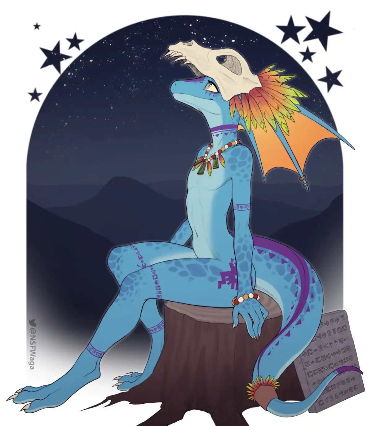 A blue, humanoid dragon with a skull perched on its head sits atop a tree stump under a starry night sky. The dragon wears…