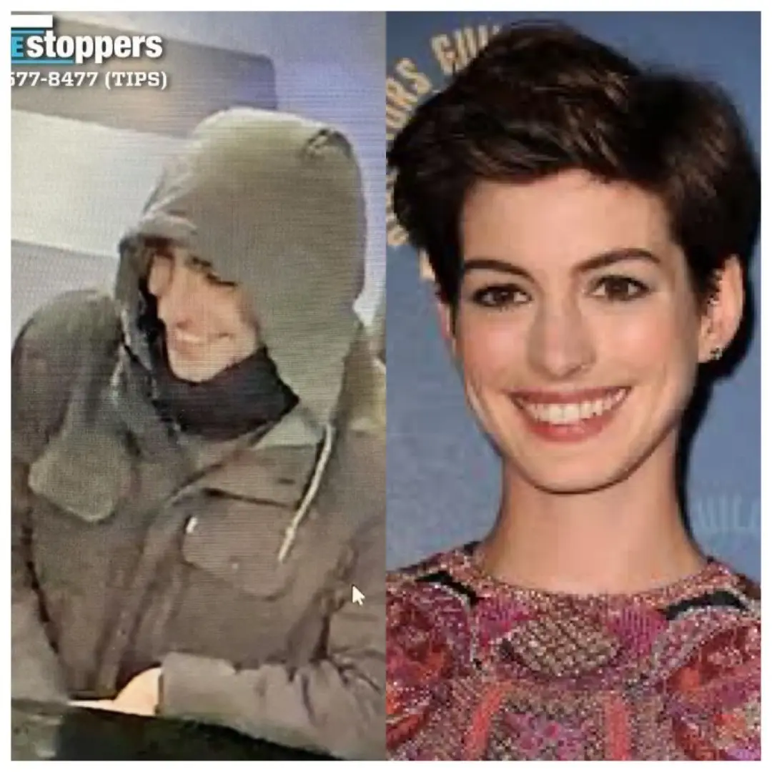 The image is a side-by-side comparison: on the left, a grainy security camera photo of a person in a hooded jacket smiling…