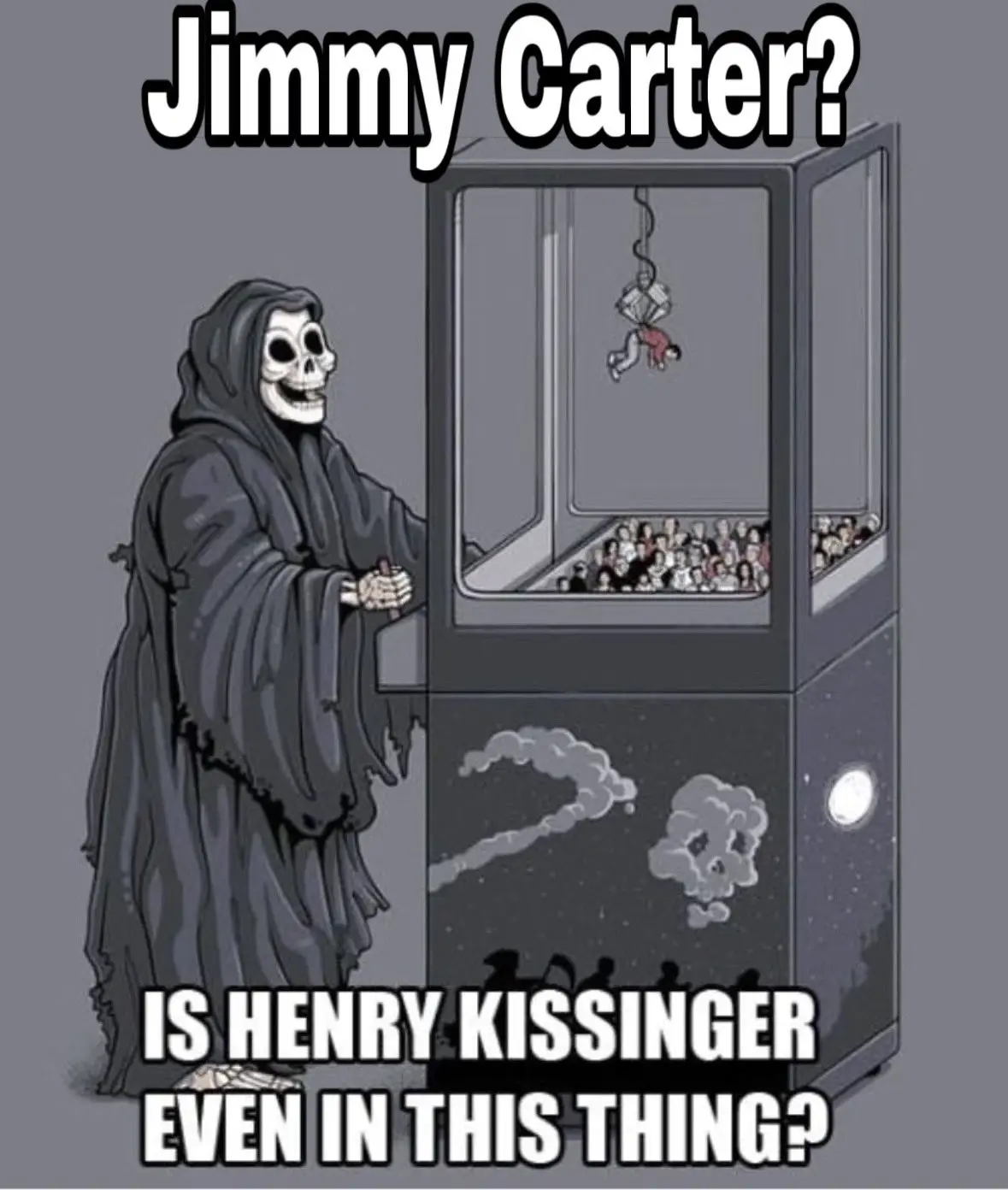 A cartoon grim reaper stands beside a giant claw machine filled with small human figures. A person is dangling from the claw…