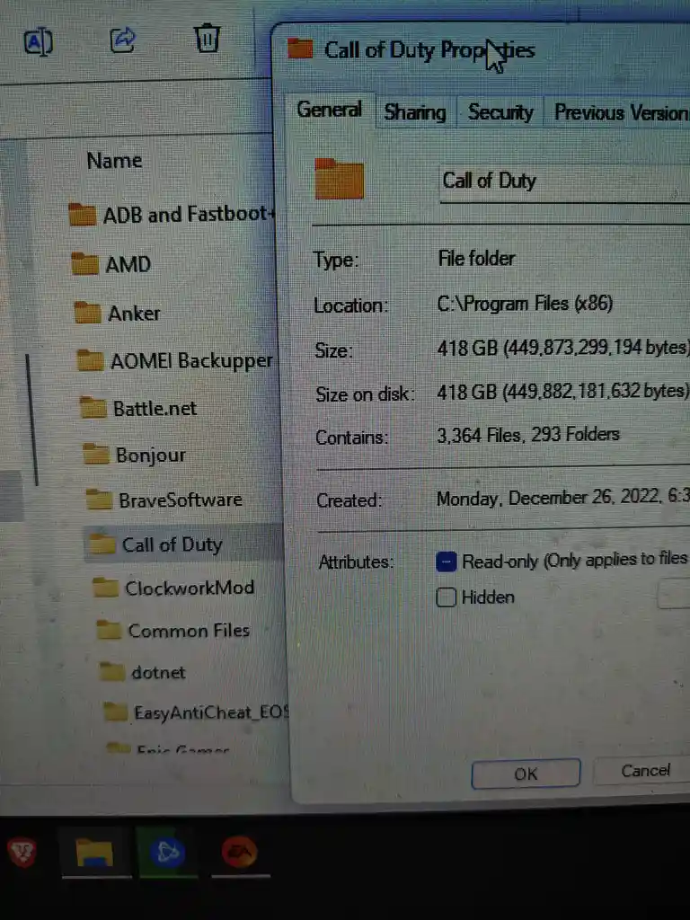 A screenshot of a Windows File Explorer window showing the properties of a 'Call of Duty' folder, which is listed as 418 GB…