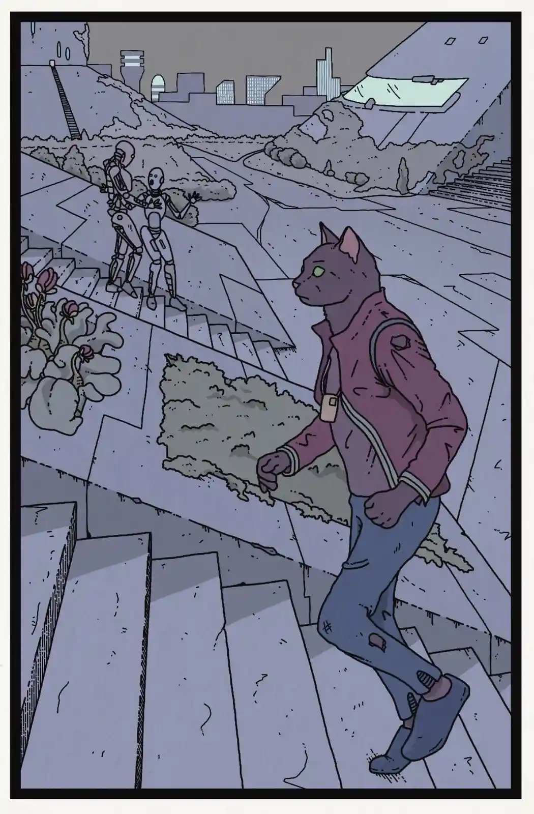 A cartoon cat in a purple jacket and blue jeans walks down a set of stairs in a futuristic, gray cityscape, ignoring two…