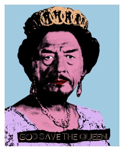 A stylized, pop-art portrait of a man with a mustache and goatee, wearing a crown, pearl necklace, and earrings, against a…