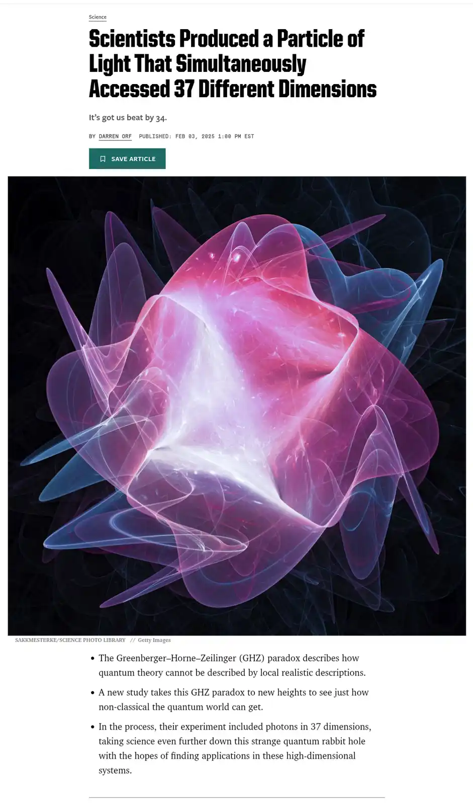 An article screenshot from 'Science' with a headline about scientists producing a light particle that accessed 37…