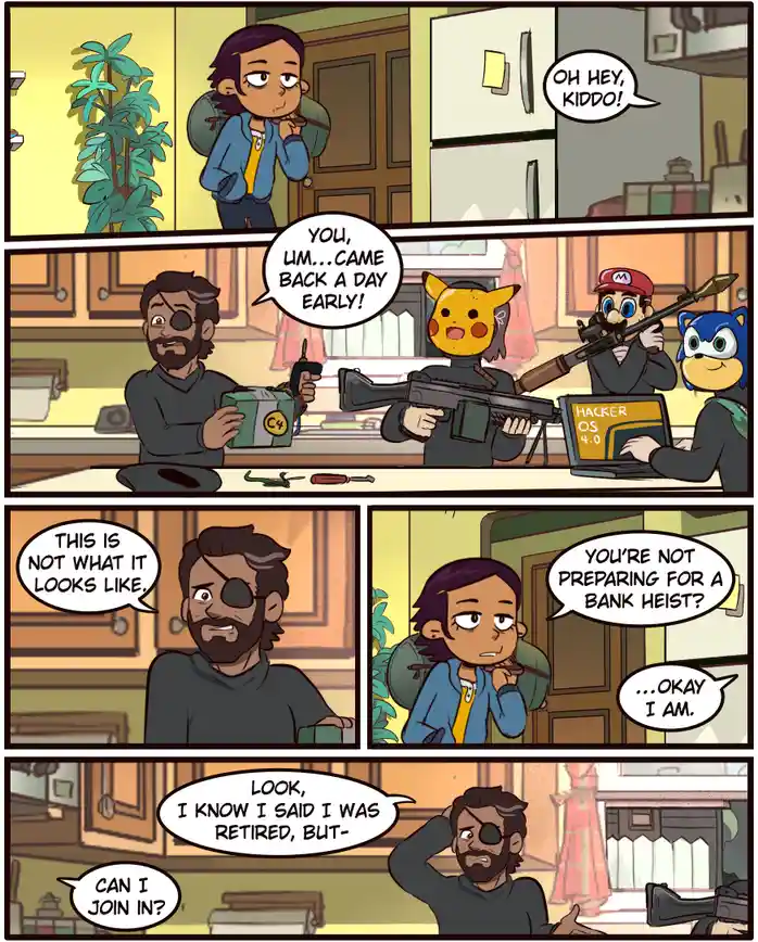 A four-panel comic shows a person returning home to find their retired friend surrounded by armed video game characters…
