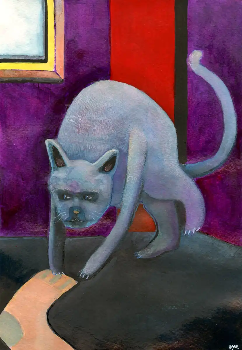 A stylized painting of a blue-gray cat crouched low with a grumpy expression, set against a background of purple walls, a…