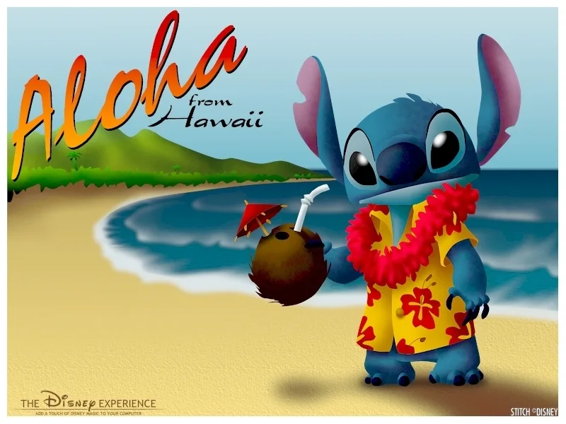 A cartoon blue alien character, Stitch, stands on a sandy beach holding a coconut drink with a straw and umbrella. He wears…