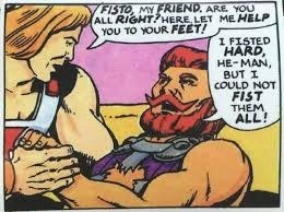 A comic panel shows He-Man kneeling, helping a red-bearded man named Fisto stand up. Fisto, in a purple outfit, responds…
