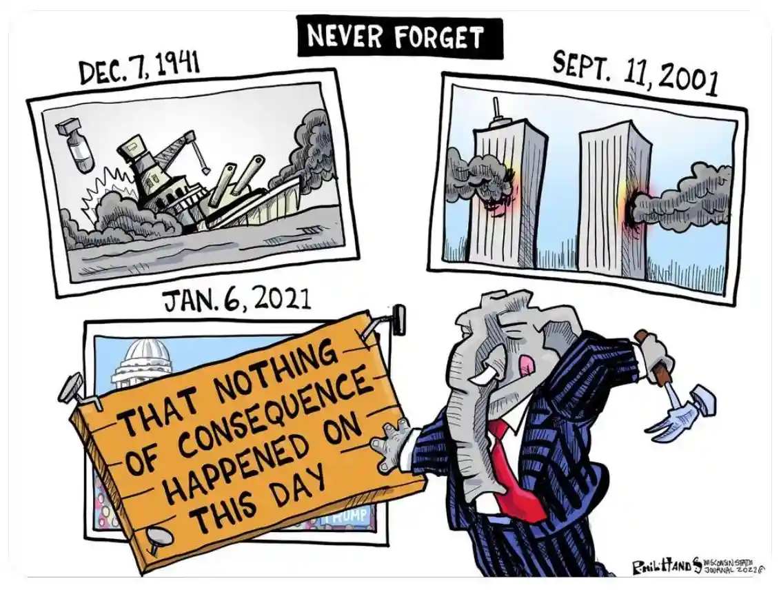 A cartoon shows a man in a suit and red tie holding a hammer and a sign that reads 'THAT NOTHING OF CONSEQUENCE HAPPENED ON…