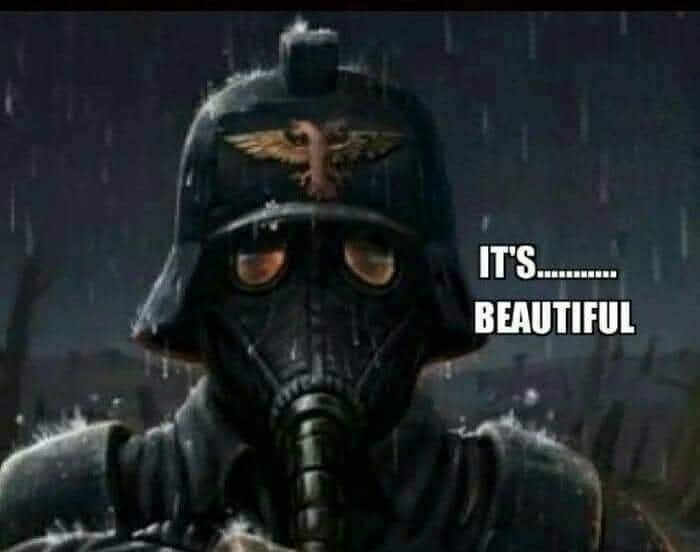 A dark, rainy image shows a soldier wearing a gas mask and helmet with an eagle emblem, looking solemnly forward. White text…