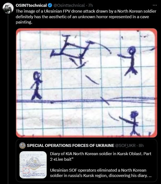 A childlike blue ink drawing on graph paper depicts stick figures, one appearing to fly or be struck by a drone-like object…