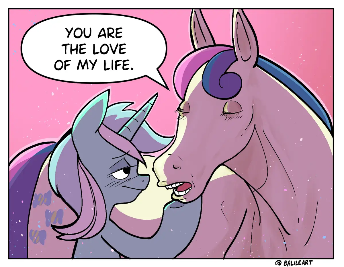 Two cartoon unicorns are shown in a close, affectionate pose against a pink, sparkly background. The smaller, darker purple…