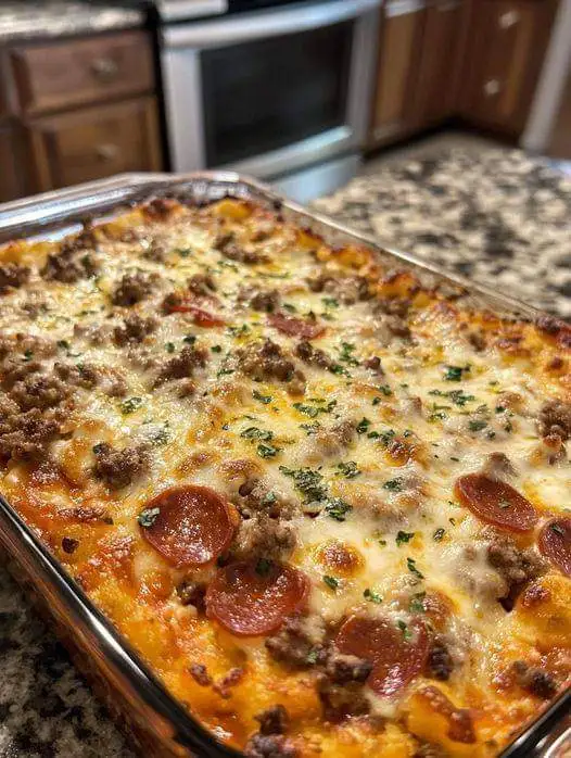 A close-up photo of a glass baking dish filled with a cheesy, meaty casserole topped with pepperoni and green herbs, sitting…