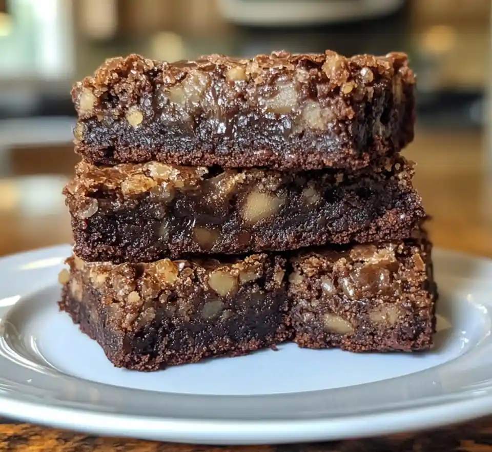 A close-up photo shows three square brownies stacked on a white plate, featuring a fudgy, dark chocolate base studded with…