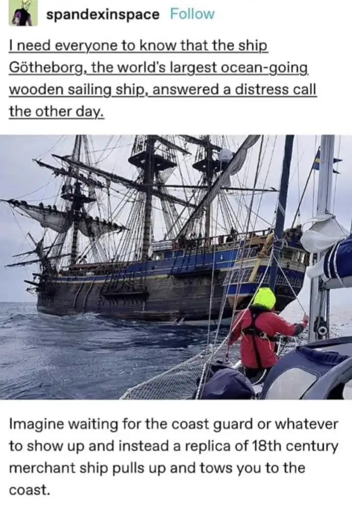 A large, historic wooden sailing ship, identified as the Götheborg, is shown in the ocean with a person in a red jacket and…
