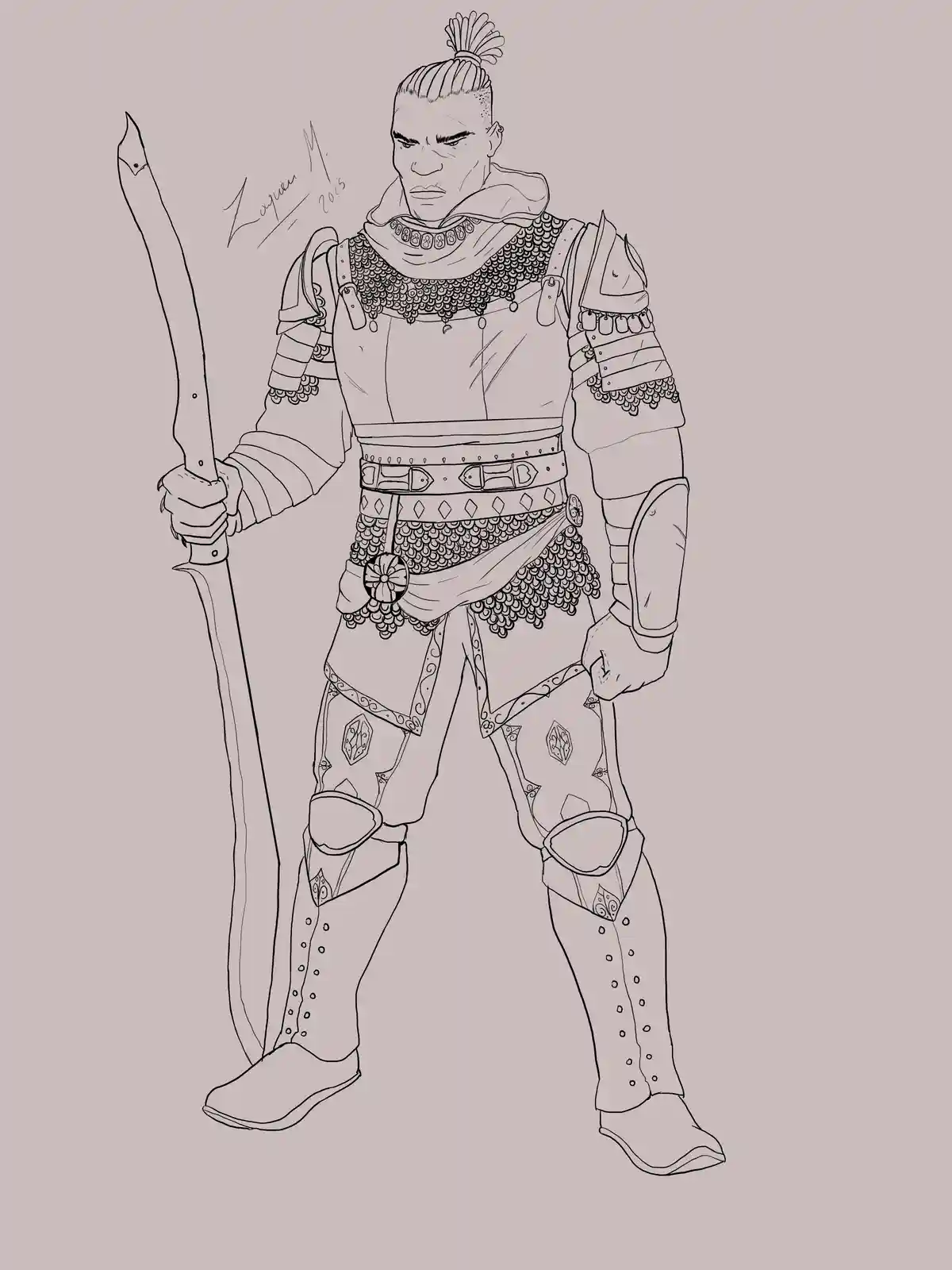 A black-and-white line art illustration of a heavily armored warrior with a stern expression, holding a sword. The character…