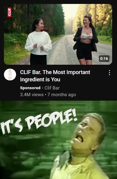 A screenshot of a CLIF Bar sponsored YouTube video thumbnail showing two women jogging on a forest road, overlaid with the…