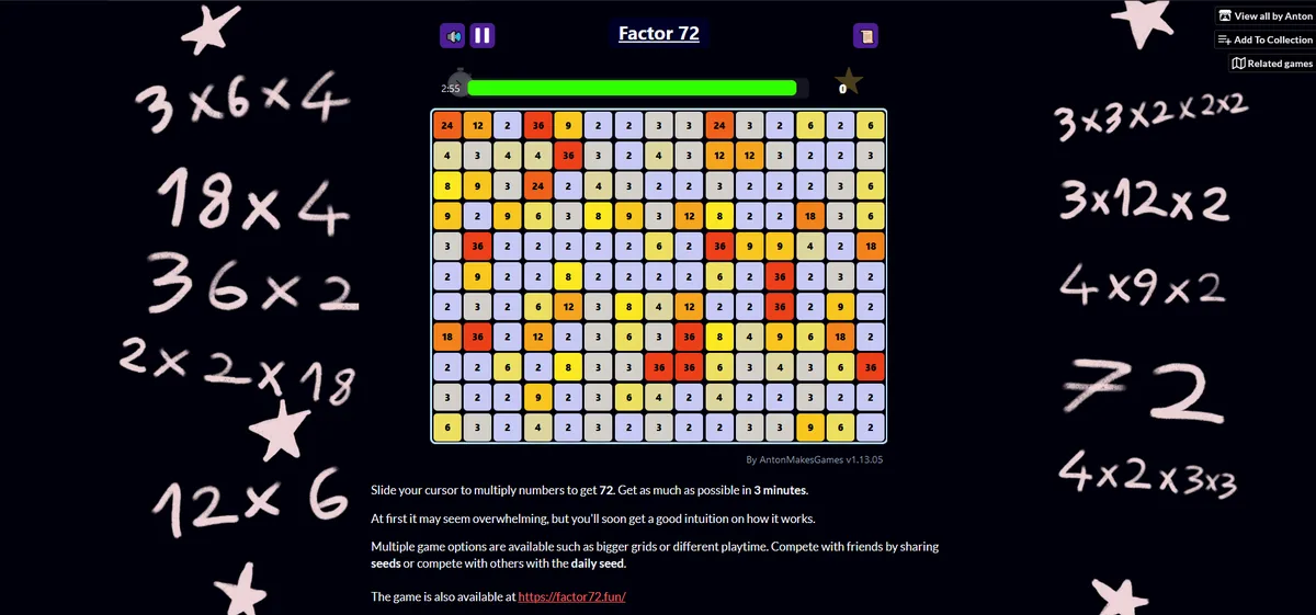 A screenshot of the math puzzle game 'Factor 72' shows a grid of numbers where players slide to multiply to reach 72. On the…