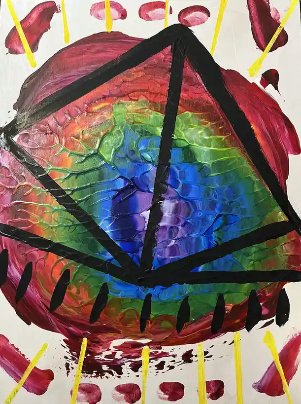 A colorful abstract painting depicts a stylized, menacing face with a rainbow gradient for the eye, outlined in thick black…