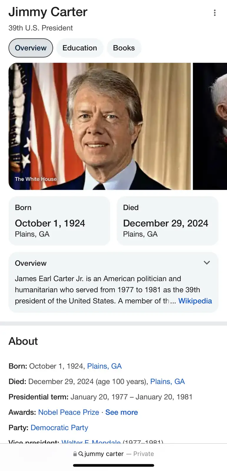 A screenshot of a biographical page for Jimmy Carter, the 39th U.S. President, showing his official portrait and life…