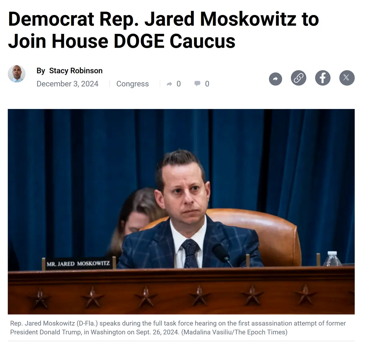 A screenshot of a news article header showing a photo of Rep. Jared Moskowitz seated at a congressional hearing table with a…