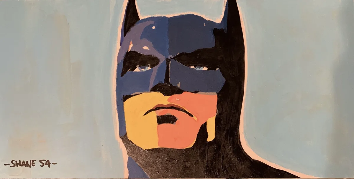 A stylized painting of Batman's face, featuring his iconic cowl and mask with a painted-on mustache and goatee, set against…