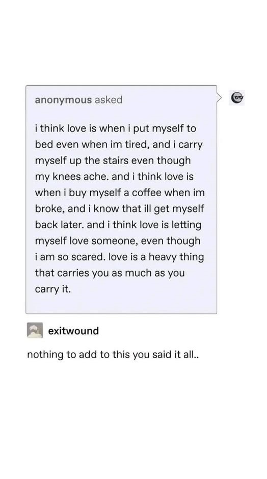 A screenshot of a Reddit-style comment thread shows an anonymous user posting a poetic reflection on self-love and love for…
