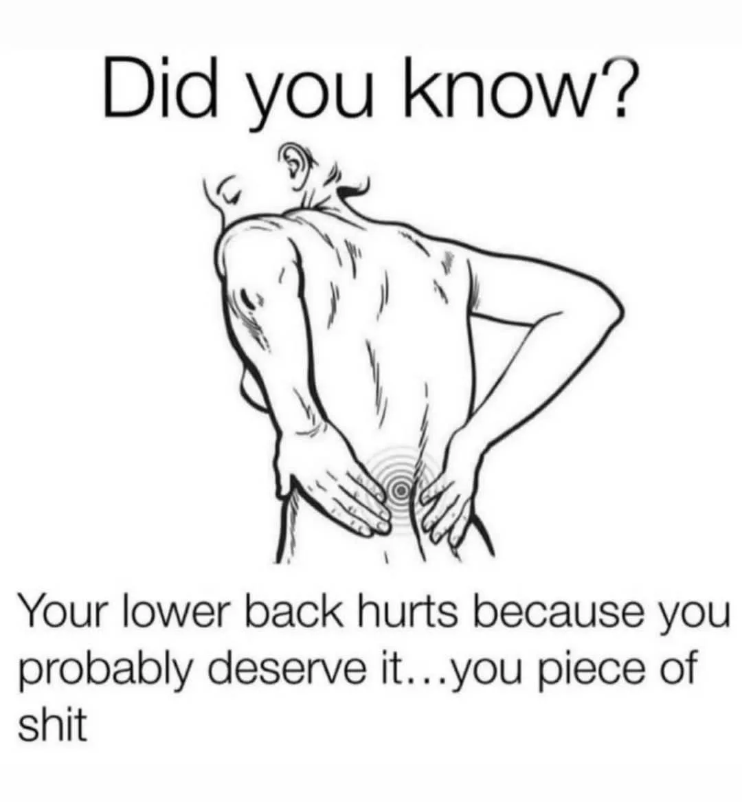 A black and white line drawing shows a person from behind, hunched over and holding their lower back with both hands…