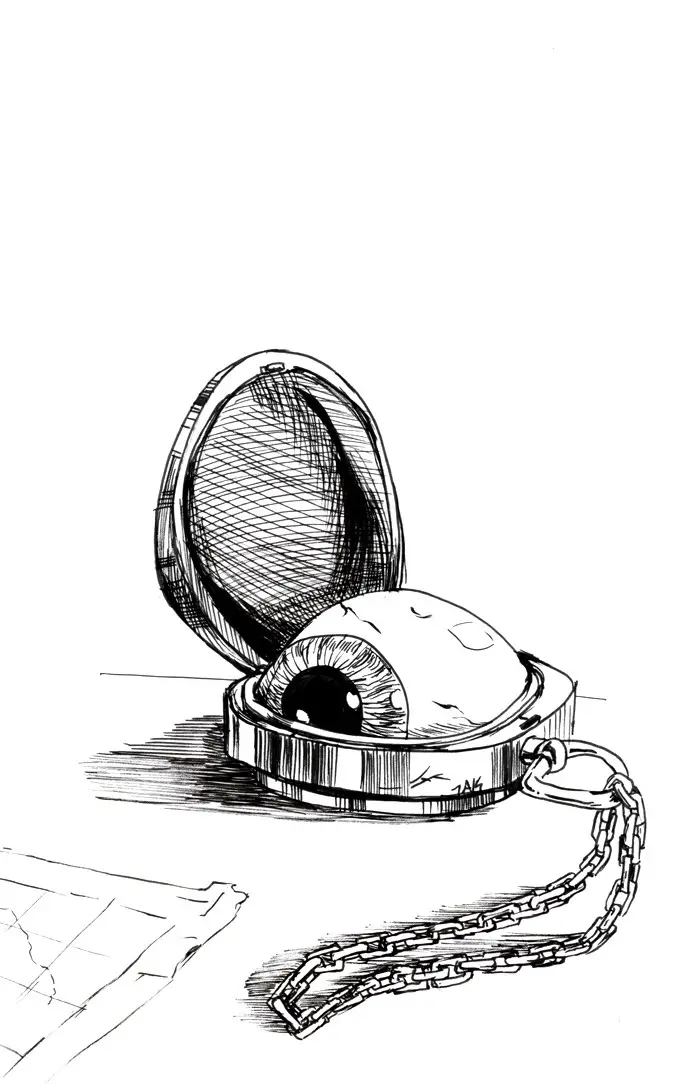 A black-and-white sketch shows a human eyeball inside an open, circular, hinged case with a chain attached, resembling a…
