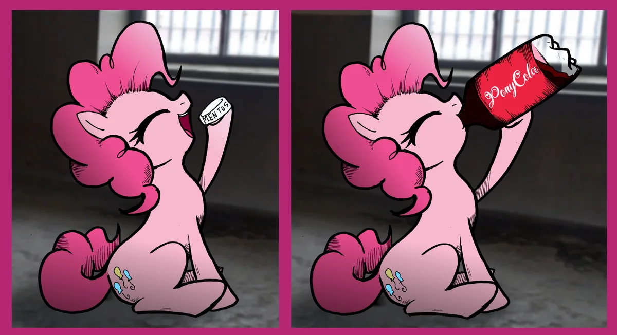 Two-panel image shows a pink cartoon pony in a gritty setting. Left panel: pony holds a white Mentos candy with a smile…