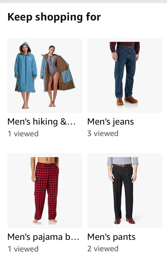 An online shopping interface shows four product categories: men's hiking & swimwear, men's jeans, men's pajama bottoms, and…