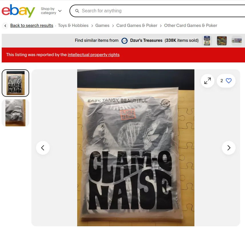 An eBay listing page shows a black t-shirt in a plastic bag with the text 'CLAM-O-NAISE' in large letters and 'EASY, TANGY…