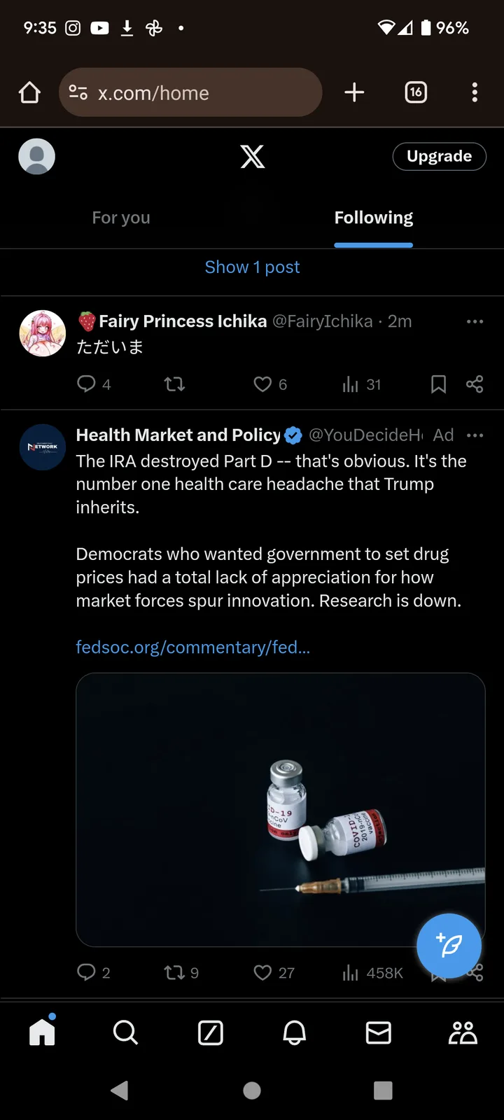 A screenshot of an X (Twitter) ad from 'Health Market and Policy' showing two COVID-19 vaccine vials and a syringe on a…