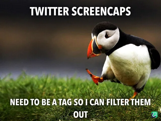 A puffin stands on green grass looking down with a slightly annoyed or resigned expression. White text at the top reads…