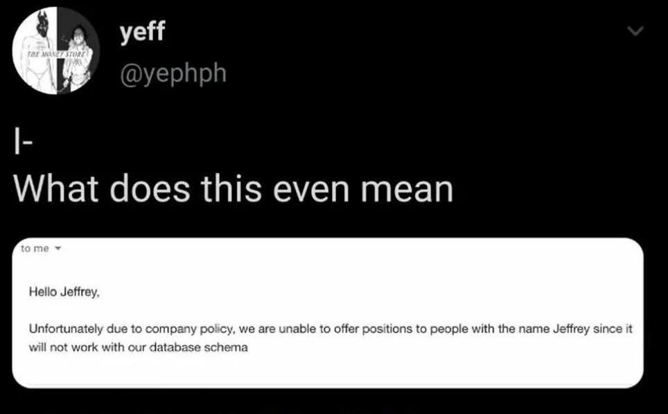 A screenshot of a tweet from user 'yeff' (@yephph) showing a reply to them that reads: 'Hello Jeffrey, Unfortunately due to…