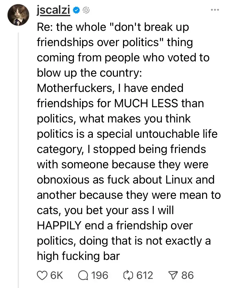 A screenshot of a Twitter/X post by user jscalzi, featuring a cat profile picture and a block of text arguing against the…
