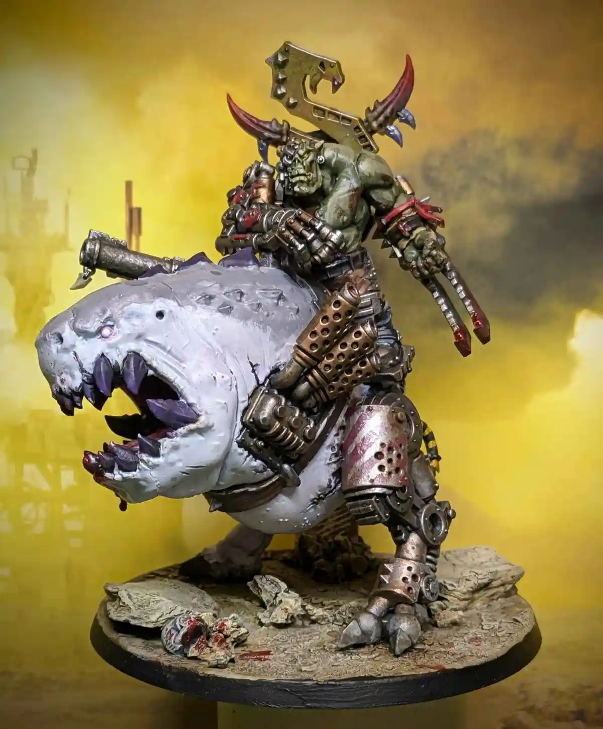 A heavily armored, green-skinned orc warrior rides a large, armored, snarling boar-like creature with purple eyes and sharp…