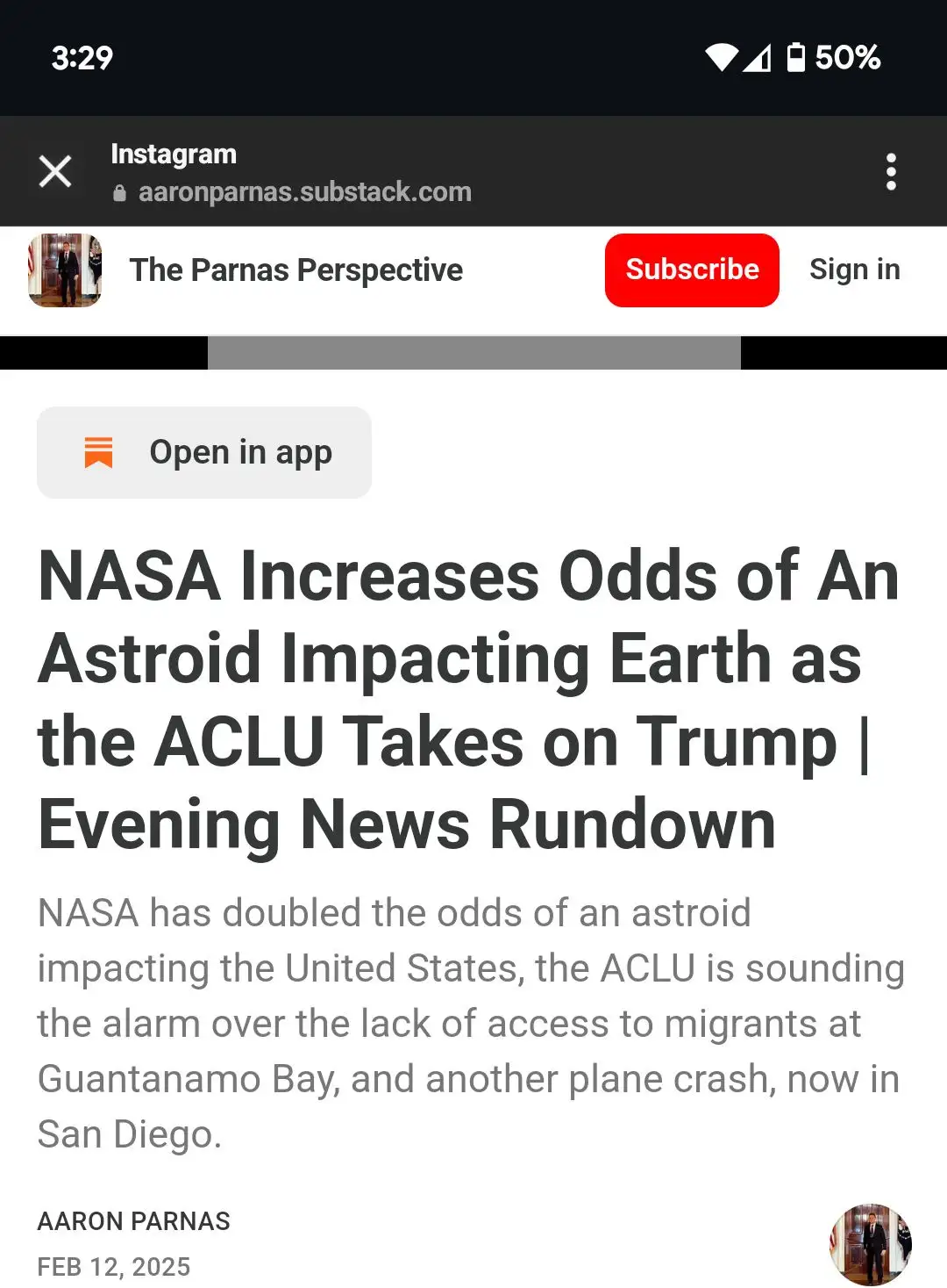 A screenshot of a Substack article titled 'NASA Increases Odds of An Asteroid Impacting Earth as the ACLU Takes on Trump |…