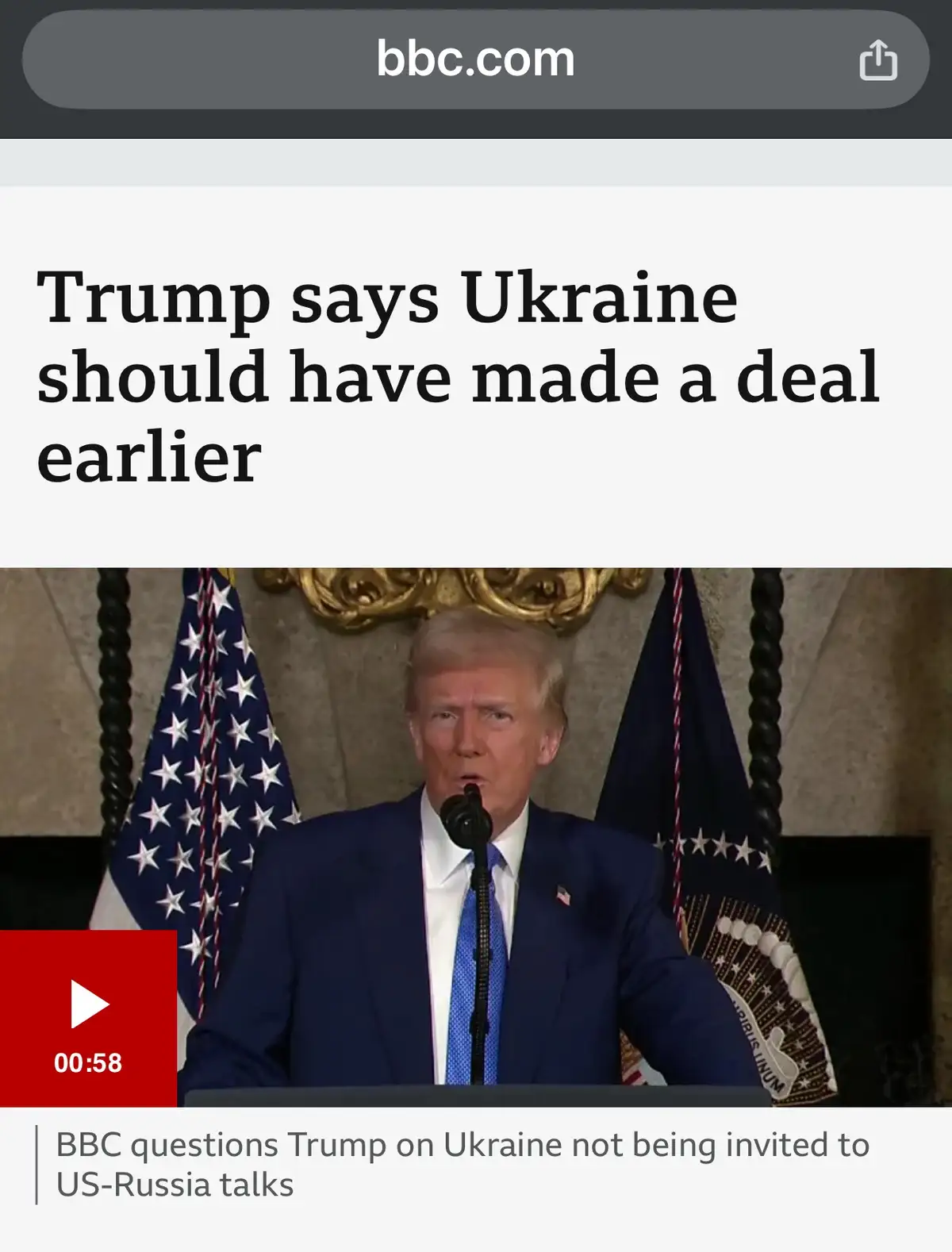 A screenshot of a BBC.com news article header showing a video thumbnail of Donald Trump speaking at a podium with American…