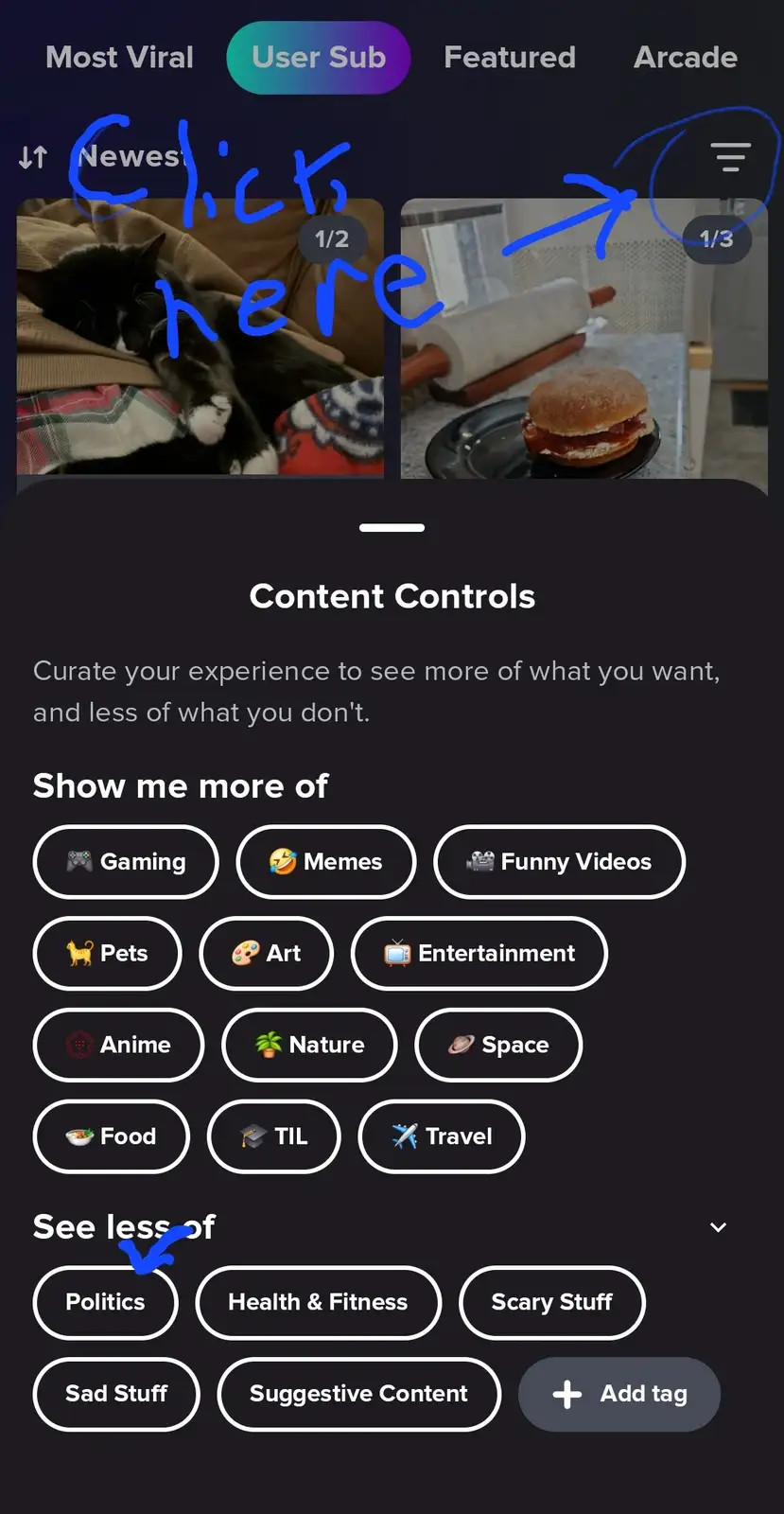 A screenshot of a content controls menu from a social media app, showing options to 'Show me more of' and 'See less of'…