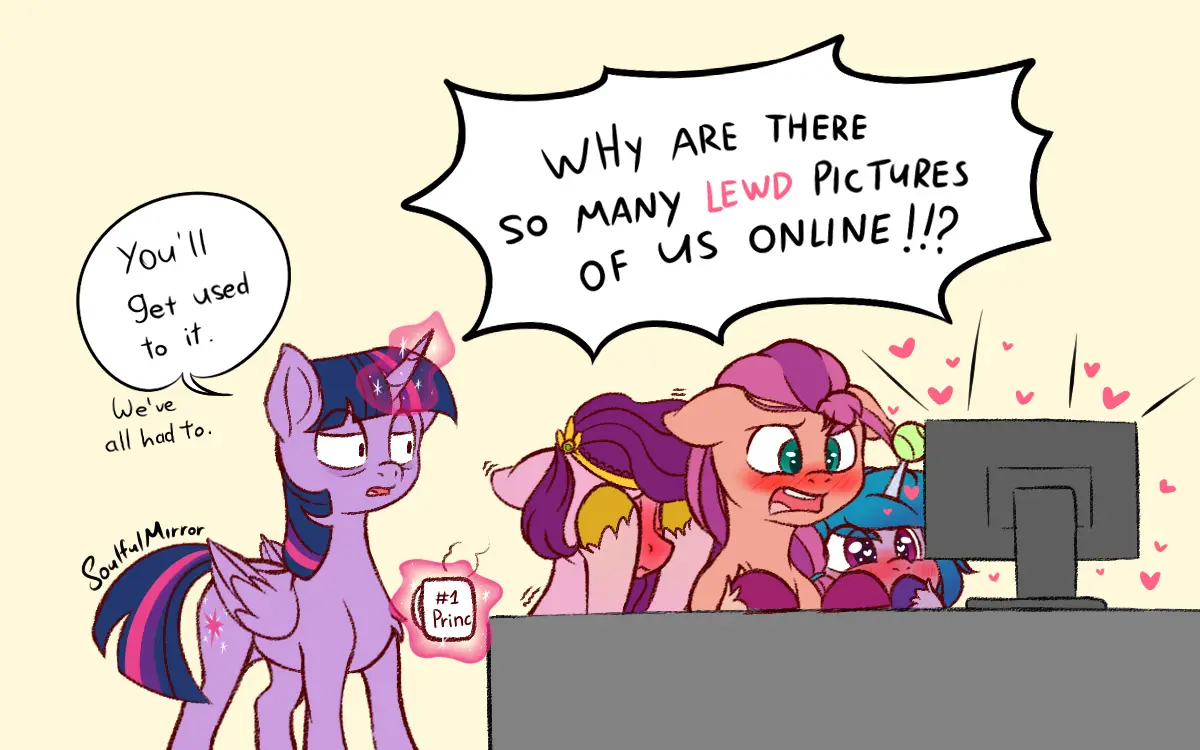 A cartoon image shows several My Little Pony characters gathered around a computer monitor. One pony, with purple hair and a…