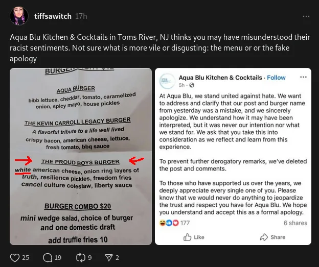 A screenshot of a social media post showing a menu from 'Aqua Blu Kitchen & Cocktails' featuring two burgers: 'The Kevin…