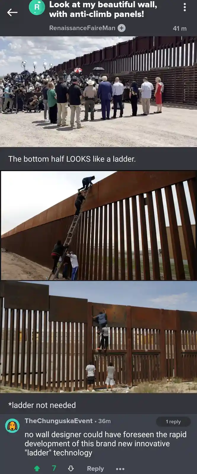 The image is a three-panel meme showing a border wall. The top panel shows officials and media at the wall, with text…