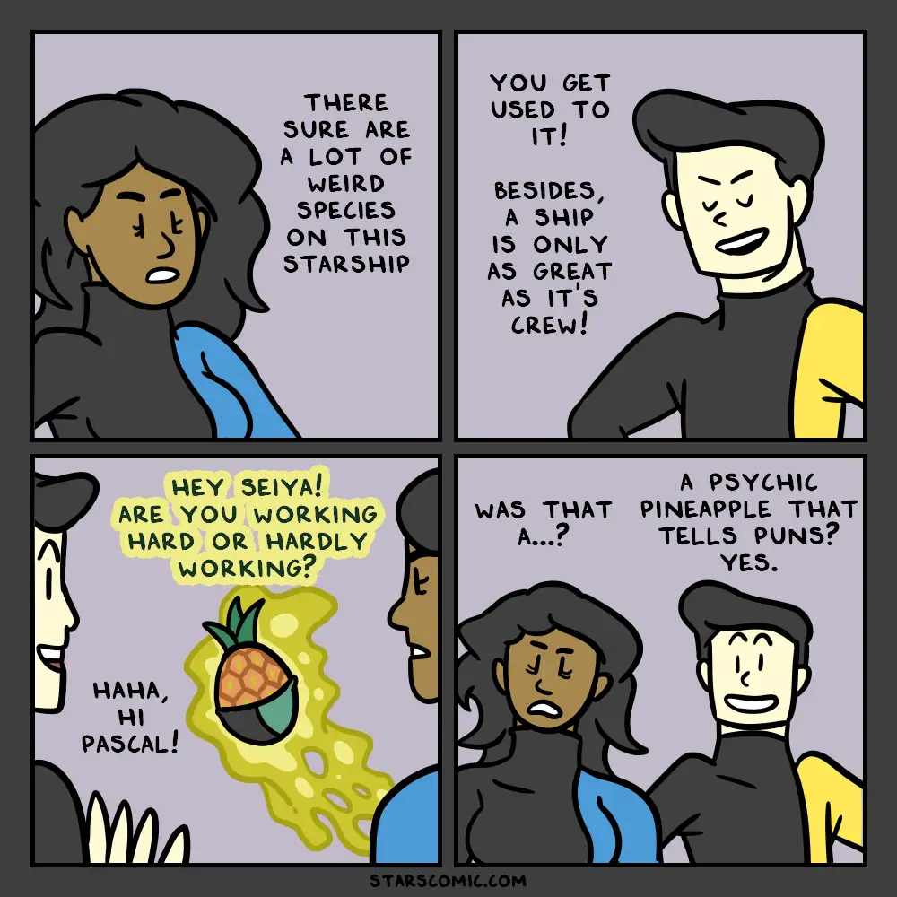 A four-panel comic strip shows two crew members discussing the weird species on their starship. The second panel shows a man…