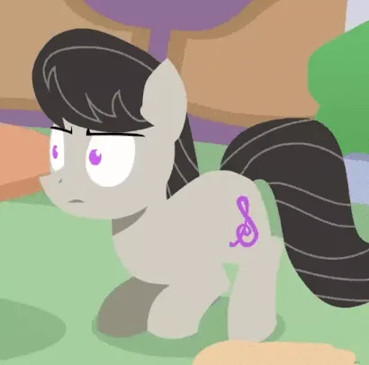 A six-panel grid shows a gray cartoon pony with a black mane and tail, purple eyes, and a purple treble clef cutie mark. The…